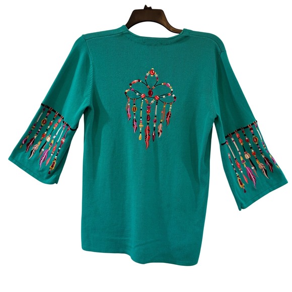 Bob Mackie Wearable Art Sweaters - Bob Mackie Boho Cardigan Embroidered Dreamcatcher Southwestern Embroidery